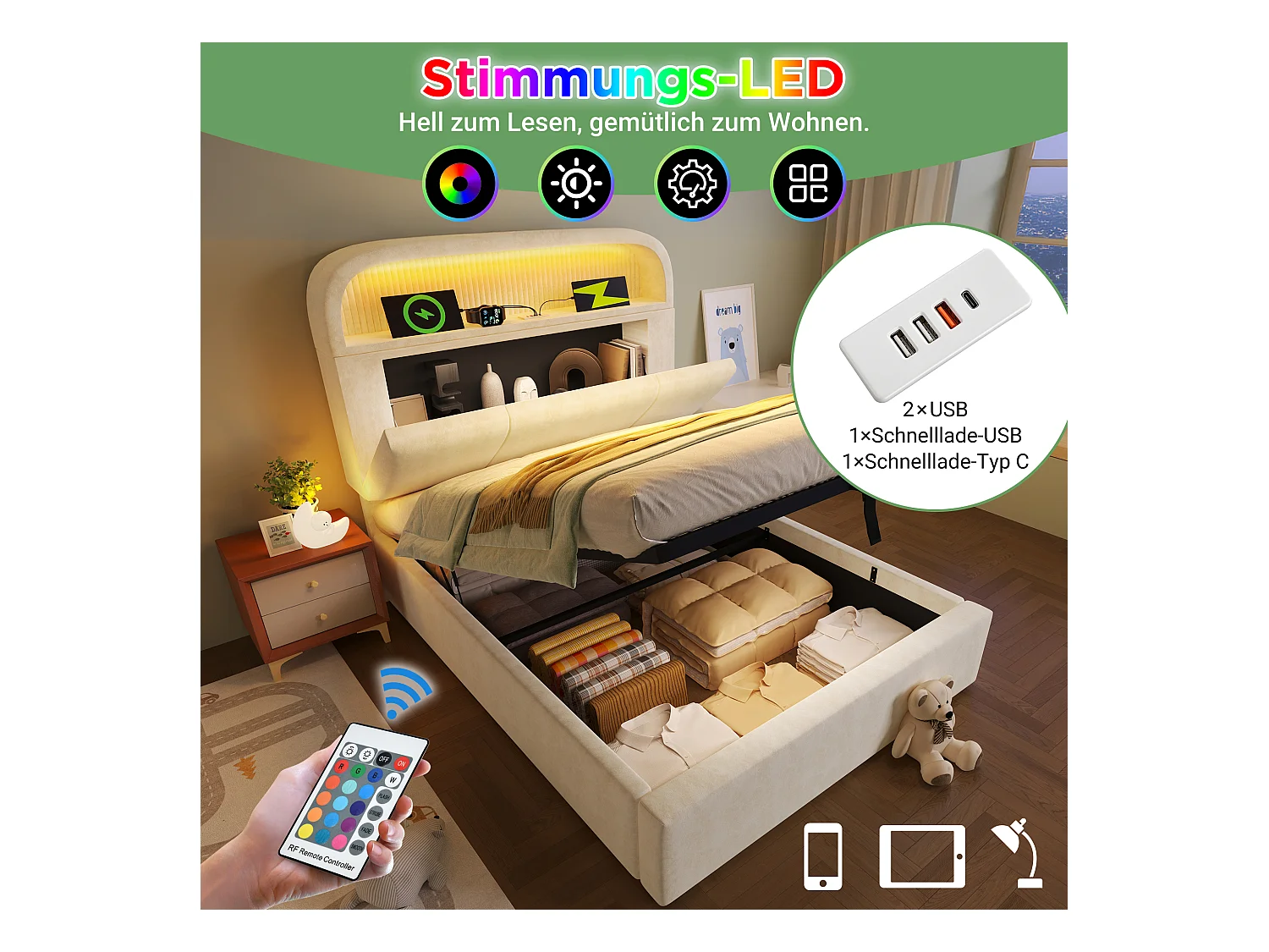 Lit coffre hydraulique - 90 x 200 cm - tête de lit réglable avec rangement - avec Leds + USB/Type-C - velours - beige