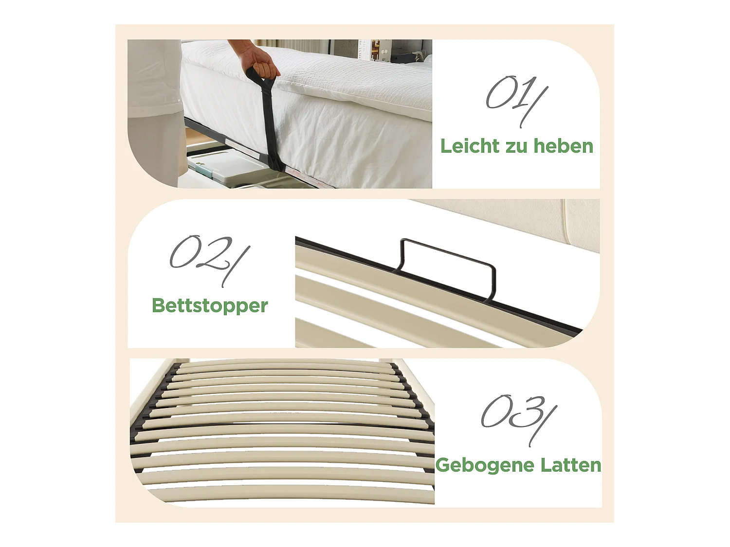 Lit coffre hydraulique - 90 x 200 cm - tête de lit réglable avec rangement - avec Leds + USB/Type-C - velours - beige