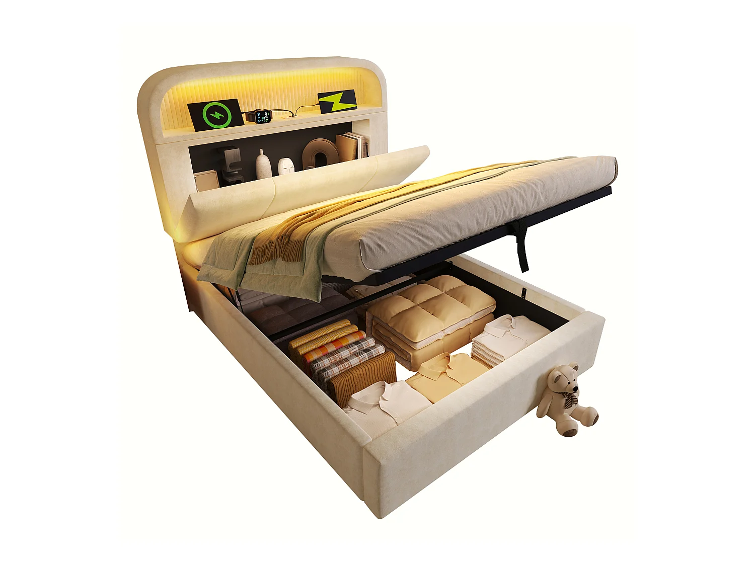 Lit coffre hydraulique - 90 x 200 cm - tête de lit réglable avec rangement - avec Leds + USB/Type-C - velours - beige