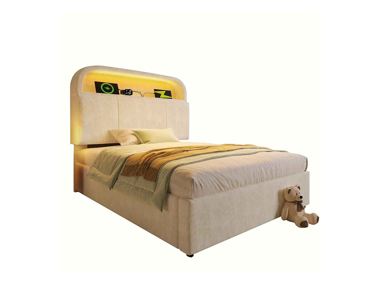 Lit coffre hydraulique - 90 x 200 cm - tête de lit réglable avec rangement - avec Leds + USB/Type-C - velours - beige