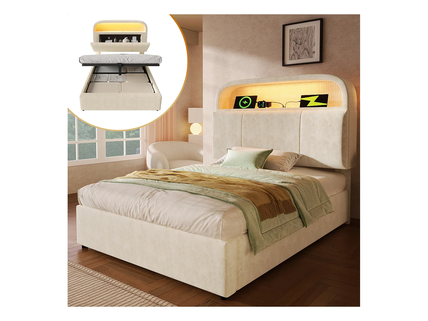 Lit coffre hydraulique - 90 x 200 cm - tête de lit réglable avec rangement - avec Leds + USB/Type-C - velours - beige