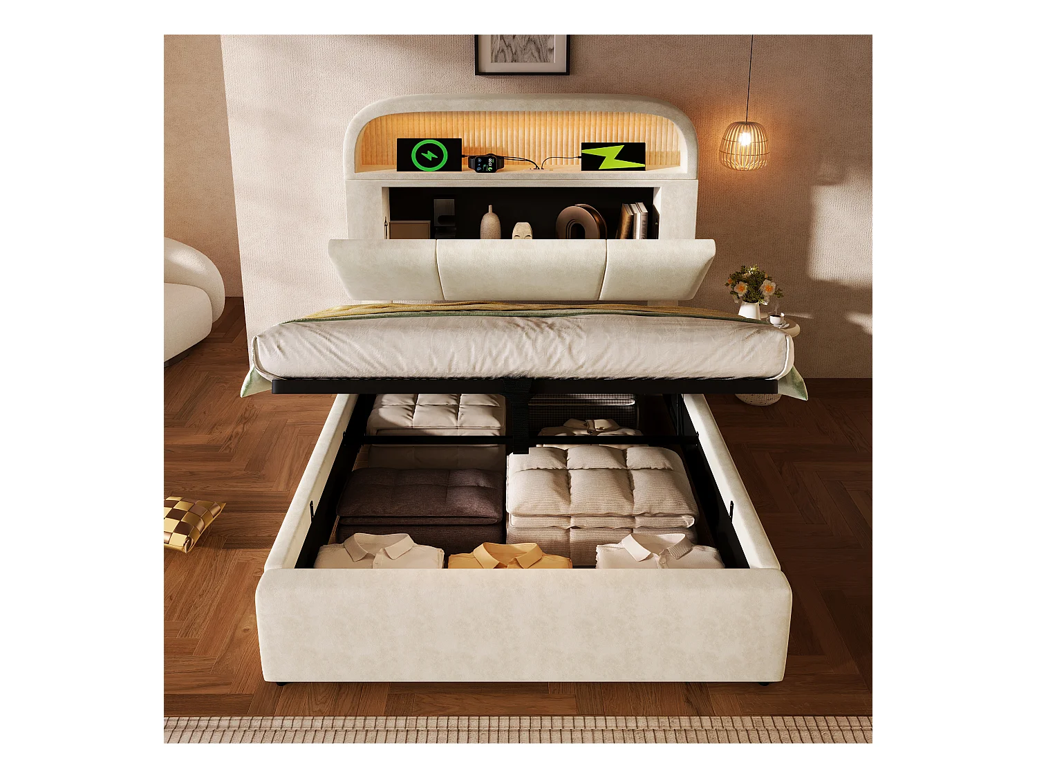 Lit coffre hydraulique - 90 x 200 cm - tête de lit réglable avec rangement - avec Leds + USB/Type-C - velours - beige