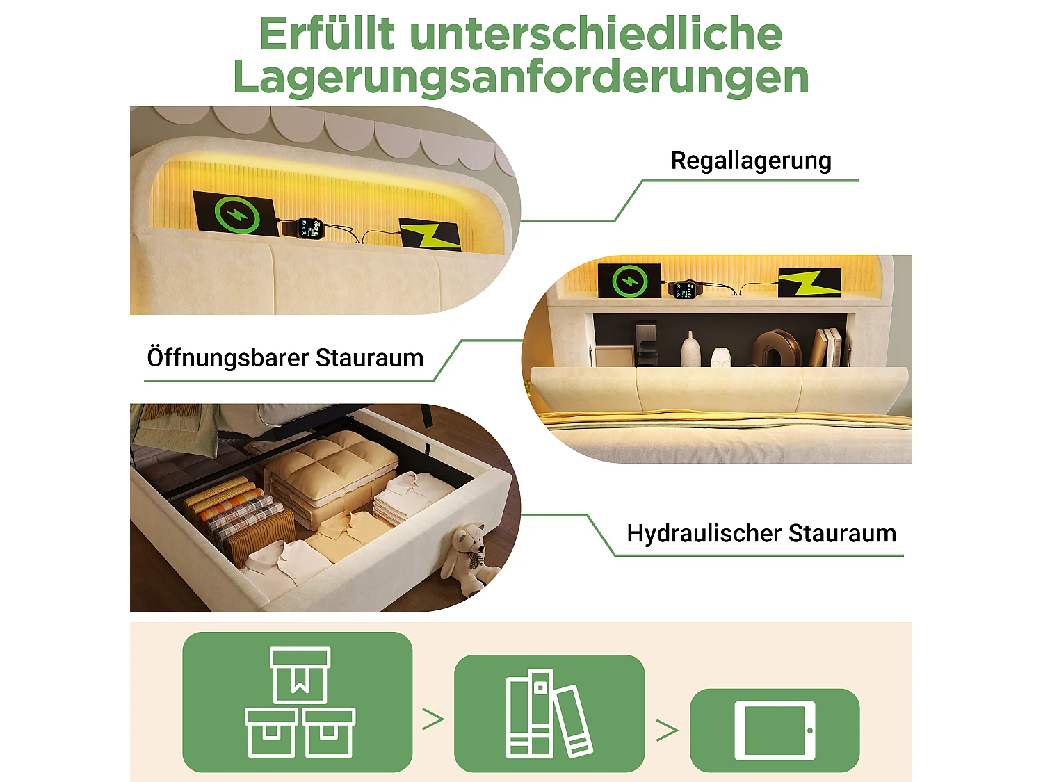 Lit coffre hydraulique - 90 x 200 cm - tête de lit réglable avec rangement - avec Leds + USB/Type-C - velours - beige