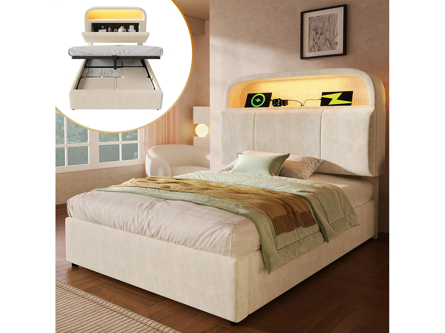 Lit coffre hydraulique - 90 x 200 cm - tête de lit réglable avec rangement - avec Leds + USB/Type-C - velours - beige