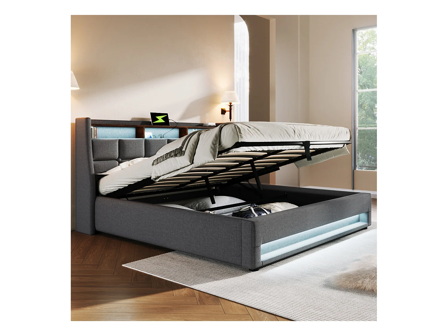 Lit rembourré 160x200 cm avec éclairage LED et USB, cadre en lin, design vintage moderne