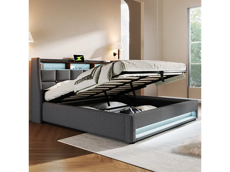 Lit rembourré 160x200 cm avec éclairage LED et USB, cadre en lin, design vintage moderne