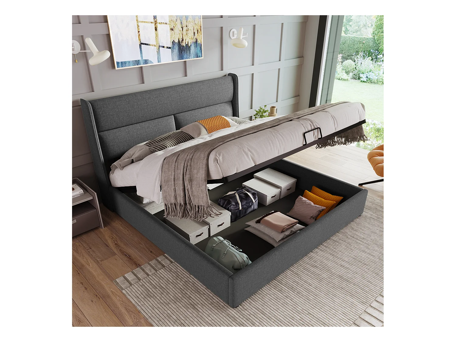 Lit double 140x200 cm avec têtière réglable et rangement pratique en lin gris