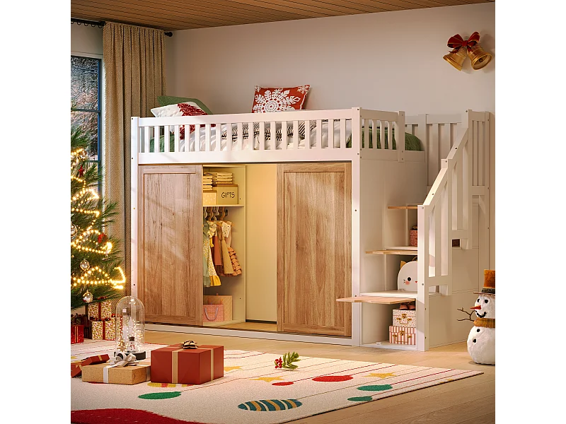 Lit mezzanine pour enfant - 90 x 200 cm - avec armoire et placard d'escalier + bande lumineuse colorée - bois - blanc + naturel