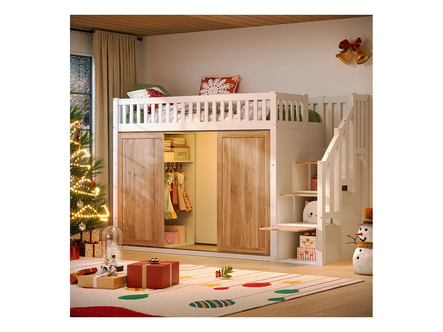 Cama alta infantil - 90 x 200 cm - con armario y escalera + tira de luz de color - madera - blanco + natural