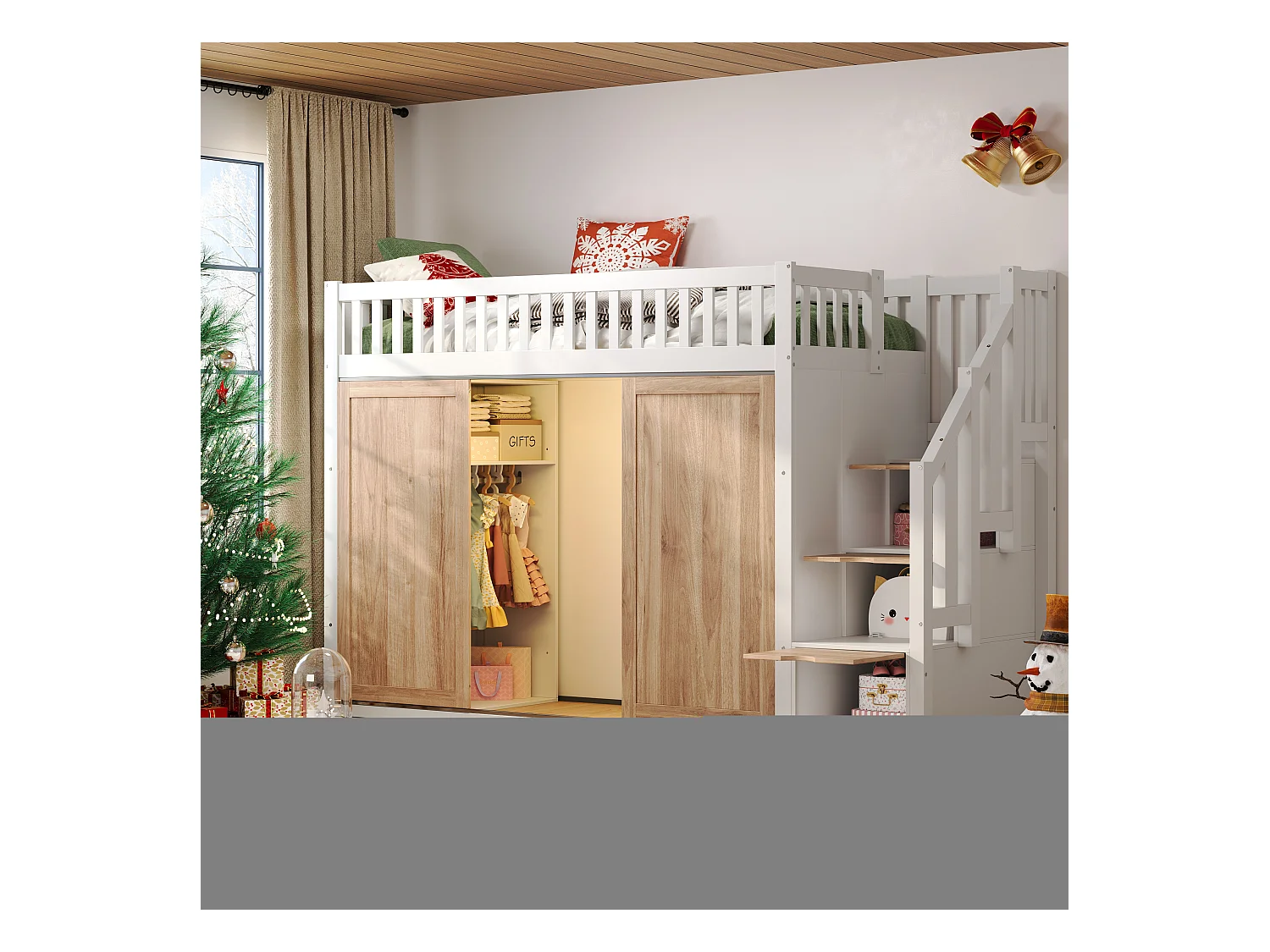 Cama alta infantil - 90 x 200 cm - con armario y escalera + tira de luz de color - madera - blanco + natural