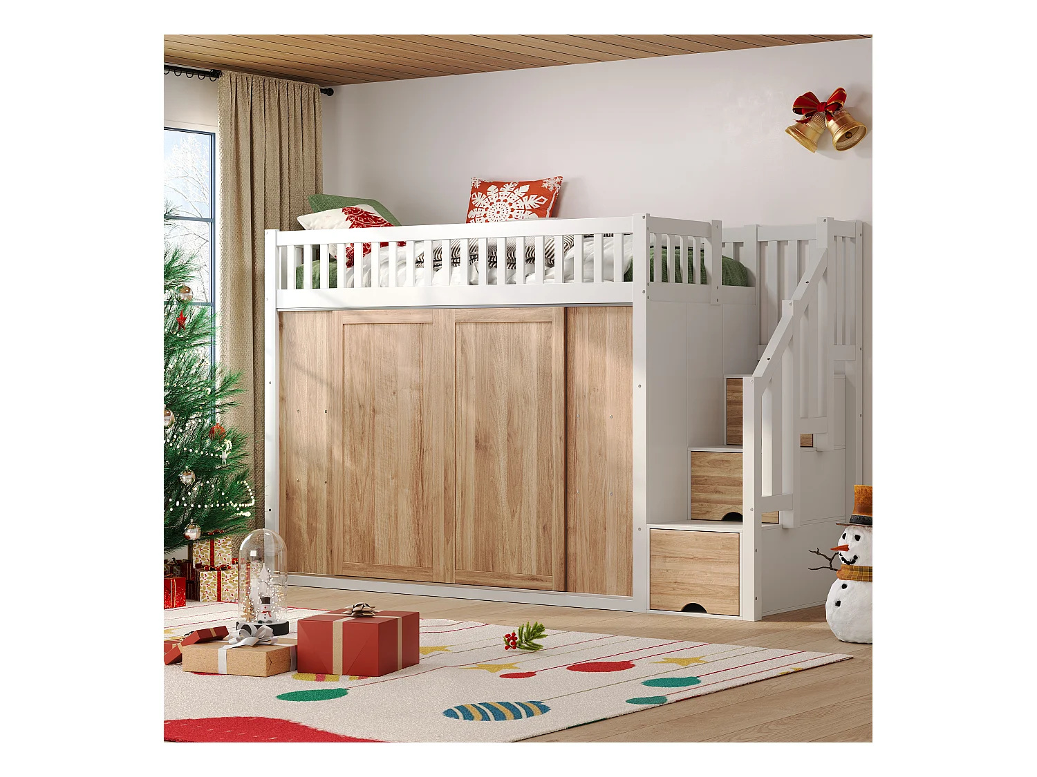 Cama alta infantil - 90 x 200 cm - con armario y escalera + tira de luz de color - madera - blanco + natural