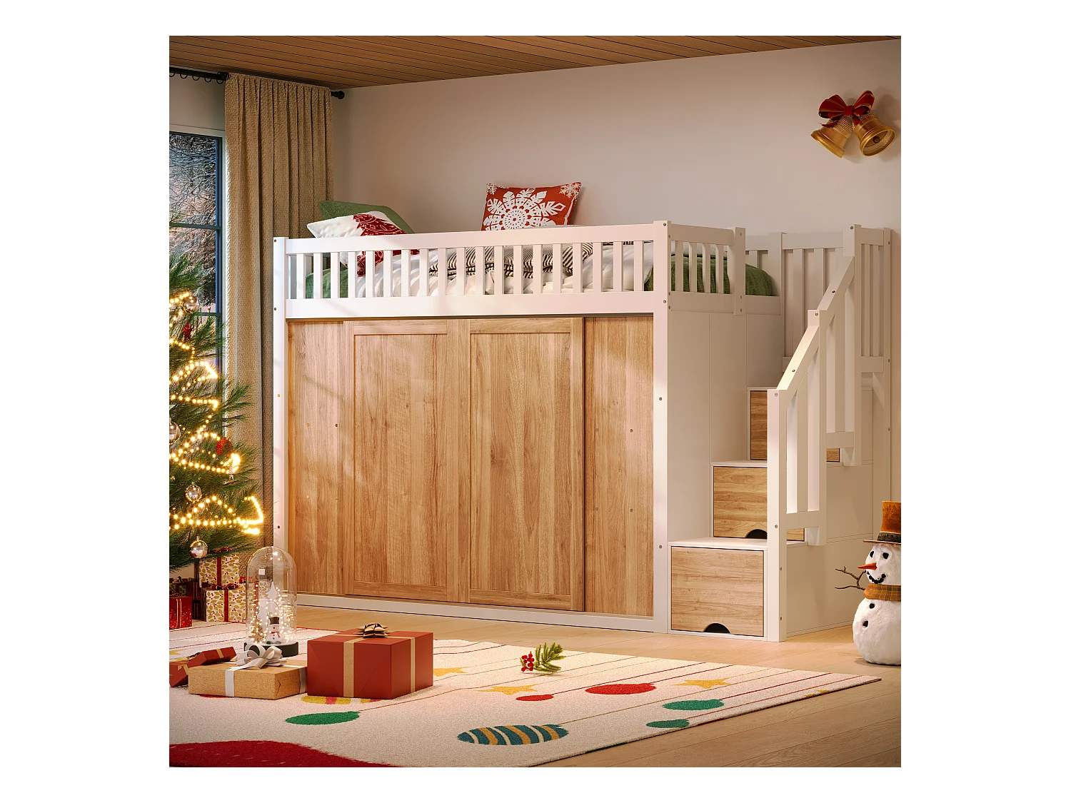 Cama alta infantil - 90 x 200 cm - con armario y escalera + tira de luz de color - madera - blanco + natural