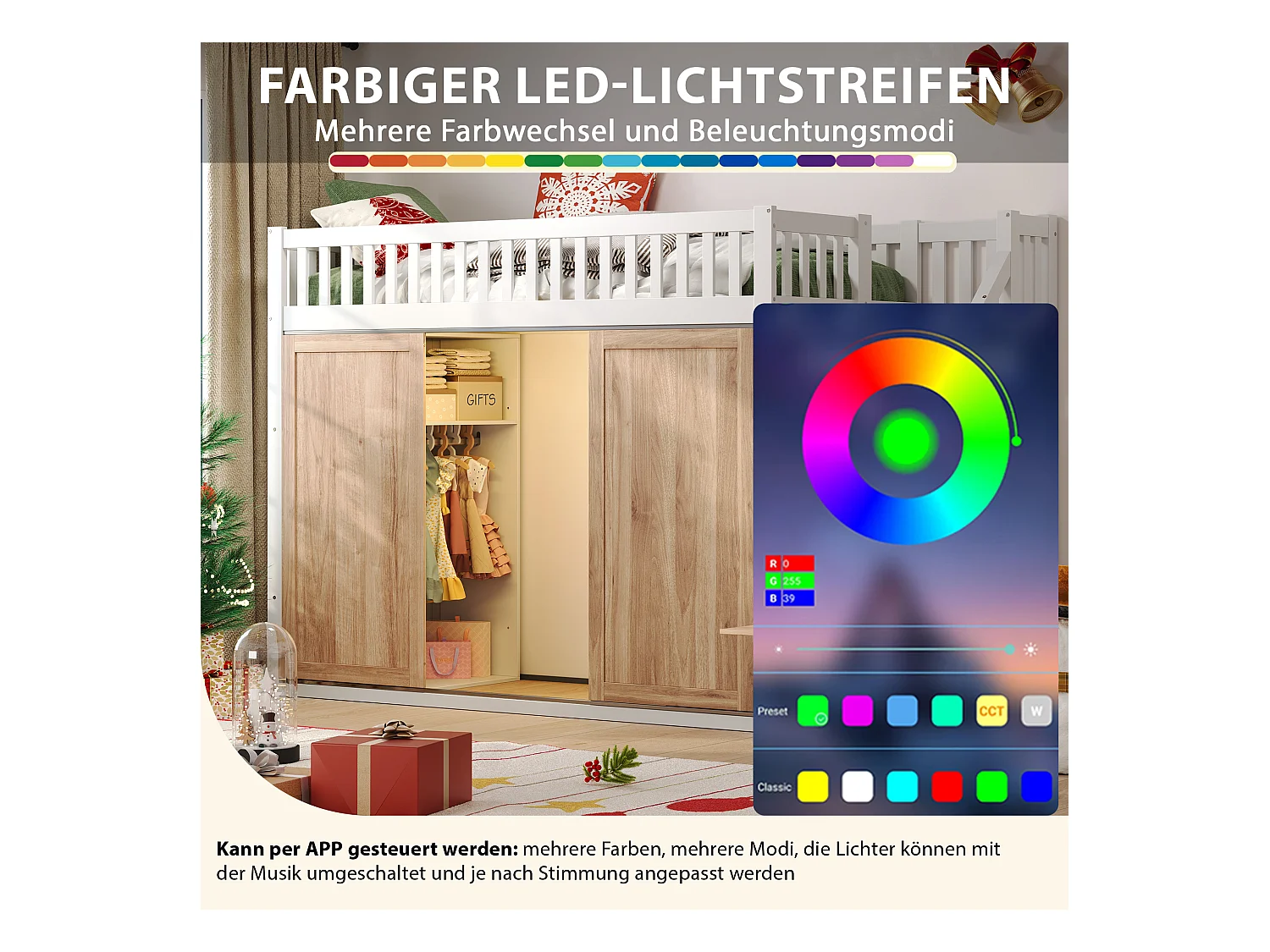 Cama alta infantil - 90 x 200 cm - con armario y escalera + tira de luz de color - madera - blanco + natural