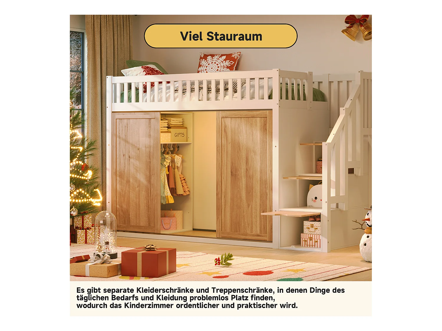 Cama alta infantil - 90 x 200 cm - con armario y escalera + tira de luz de color - madera - blanco + natural