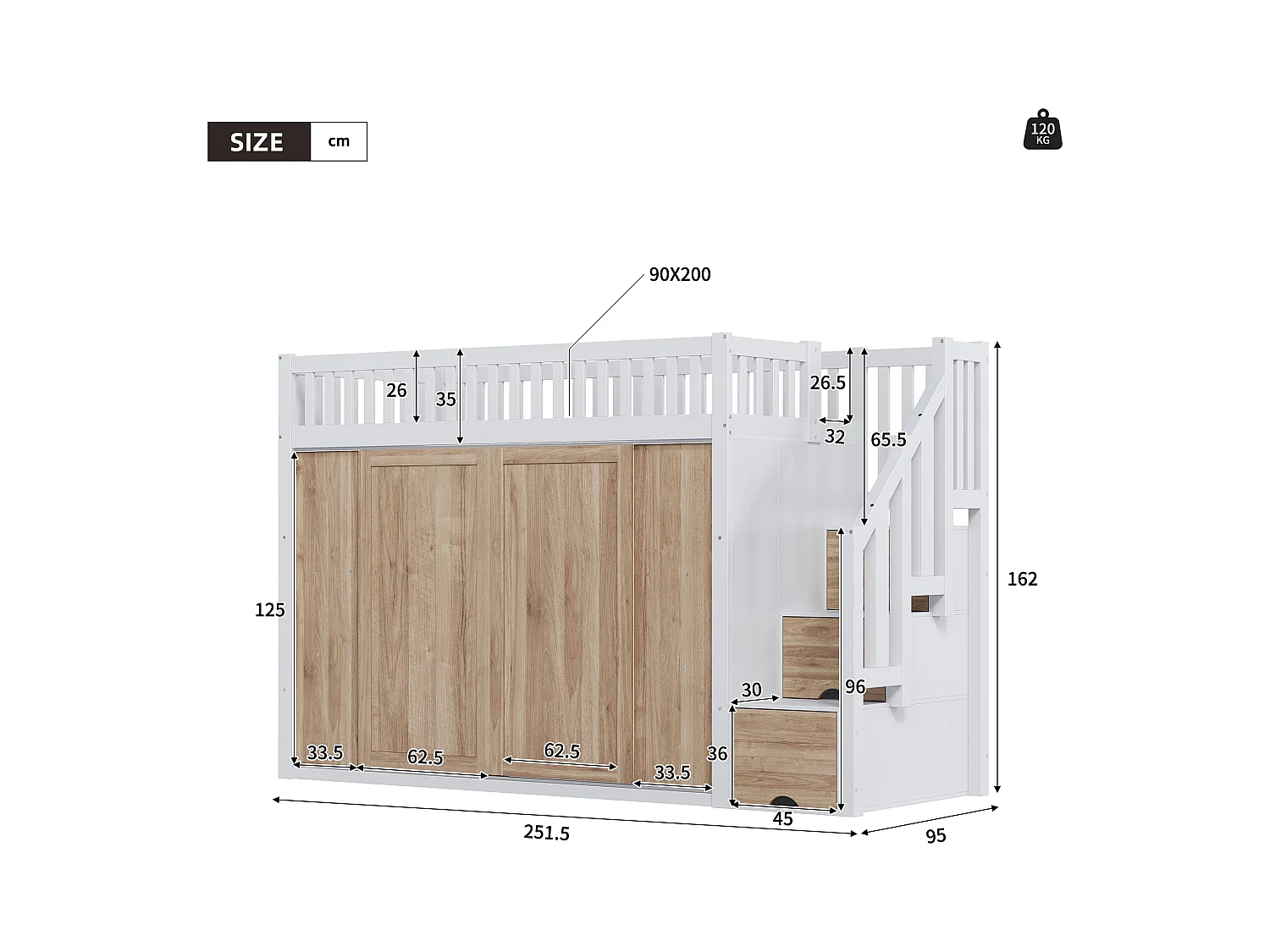 Cama alta infantil - 90 x 200 cm - con armario y escalera + tira de luz de color - madera - blanco + natural