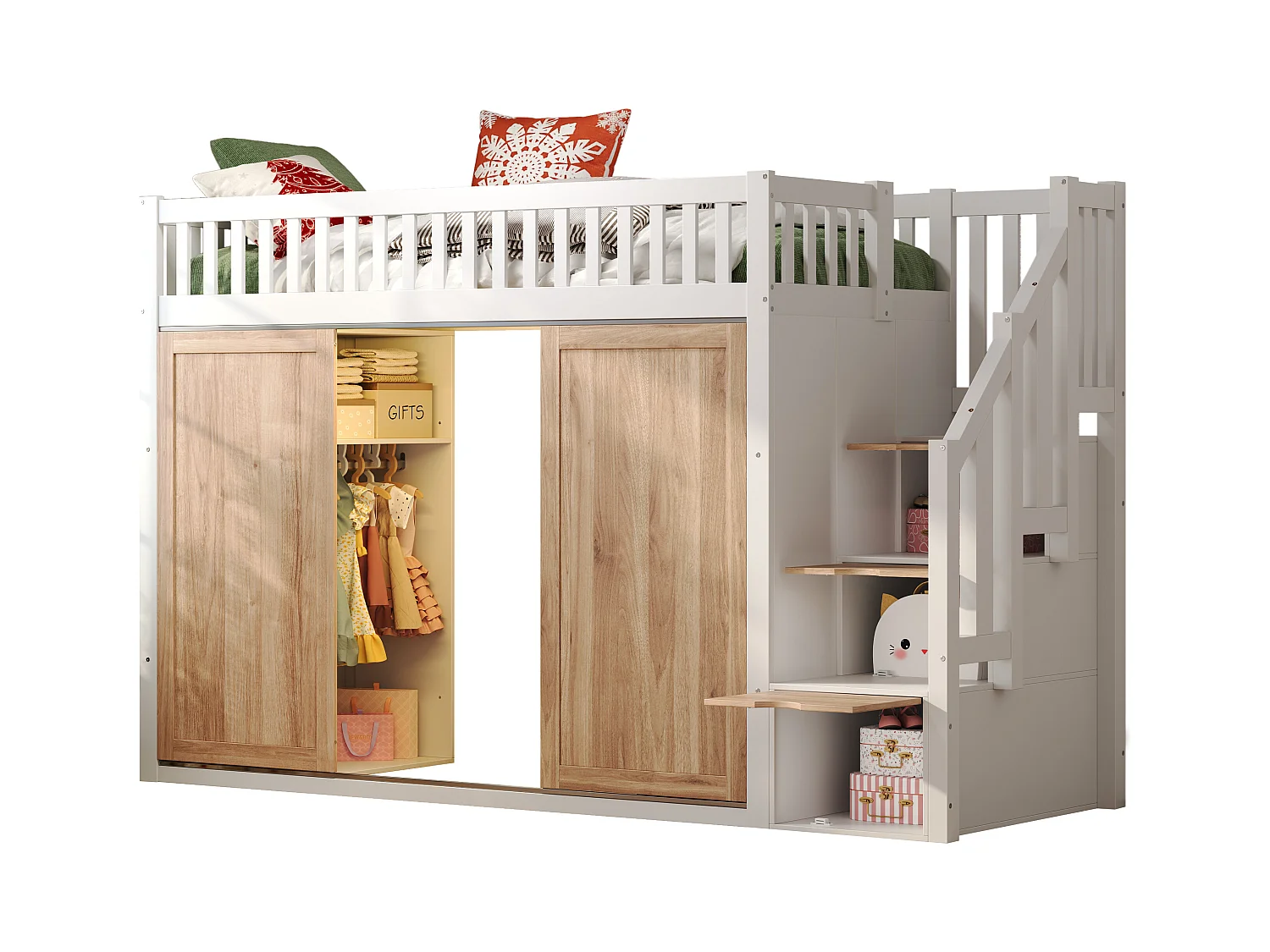 Cama alta infantil - 90 x 200 cm - con armario y escalera + tira de luz de color - madera - blanco + natural