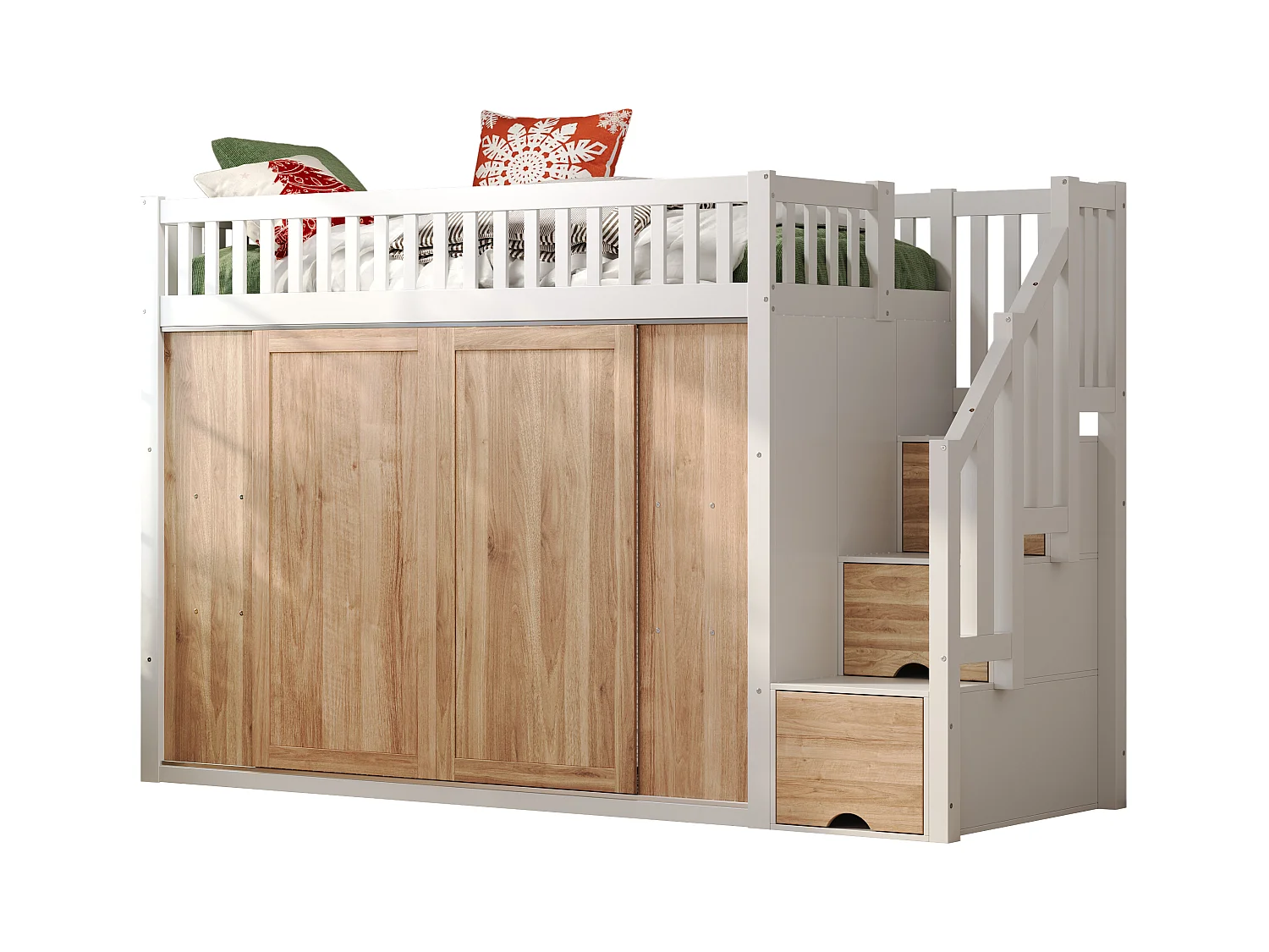 Cama alta infantil - 90 x 200 cm - con armario y escalera + tira de luz de color - madera - blanco + natural