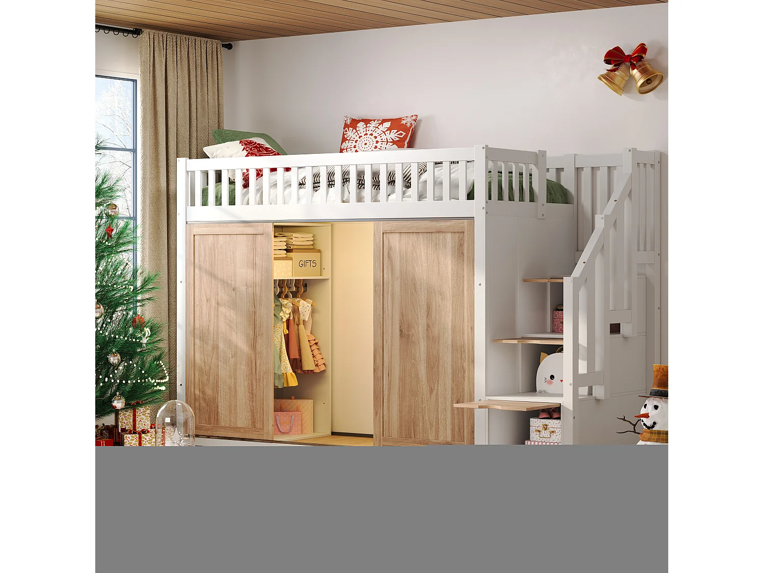 Lit mezzanine pour enfant - 90 x 200 cm - avec armoire et placard d'escalier + bande lumineuse colorée - bois - blanc + naturel