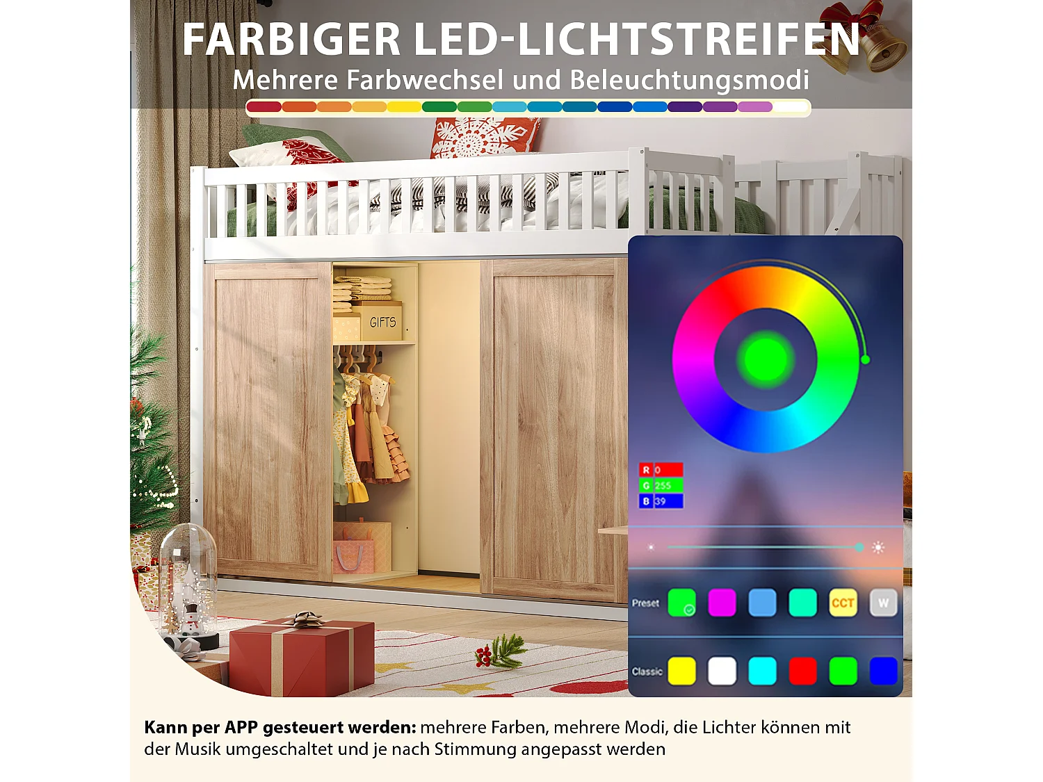 Lit mezzanine pour enfant - 90 x 200 cm - avec armoire et placard d'escalier + bande lumineuse colorée - bois - blanc + naturel