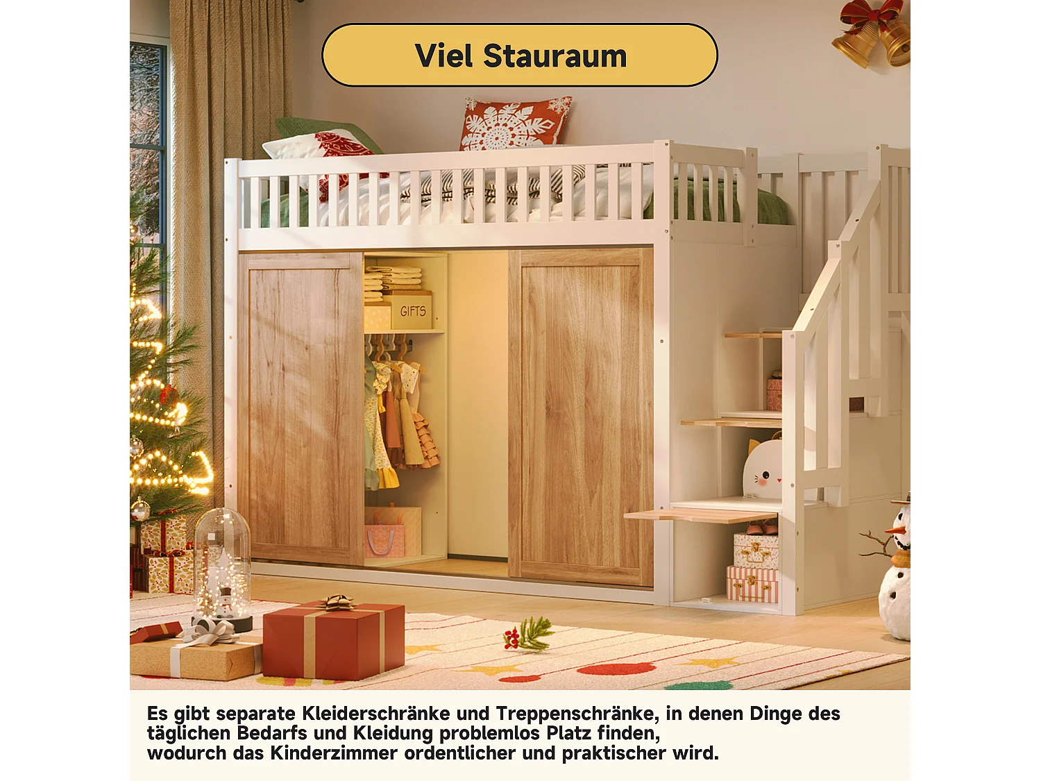 Lit mezzanine pour enfant - 90 x 200 cm - avec armoire et placard d'escalier + bande lumineuse colorée - bois - blanc + naturel