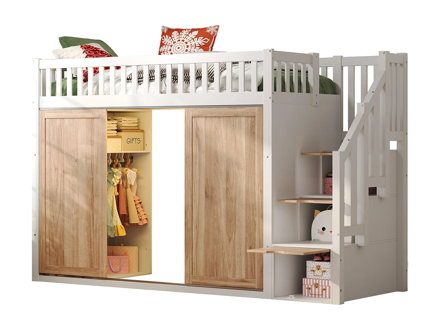 Lit mezzanine pour enfant - 90 x 200 cm - avec armoire et placard d'escalier + bande lumineuse colorée - bois - blanc + naturel