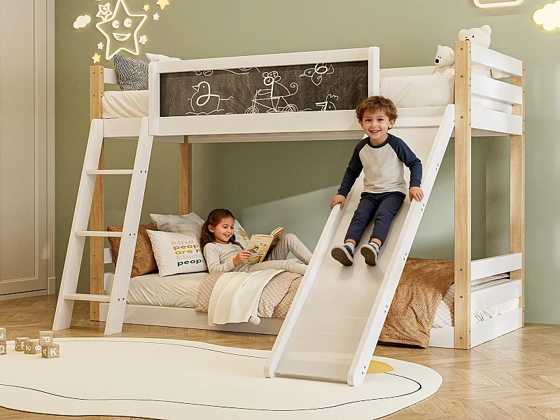 Stapelbed 90x200 / 90x190 cm met omvormbare ladder en glijbaan - schoolbord om te tekenen - wit - ideaal voor kinderkamer of klein appartement