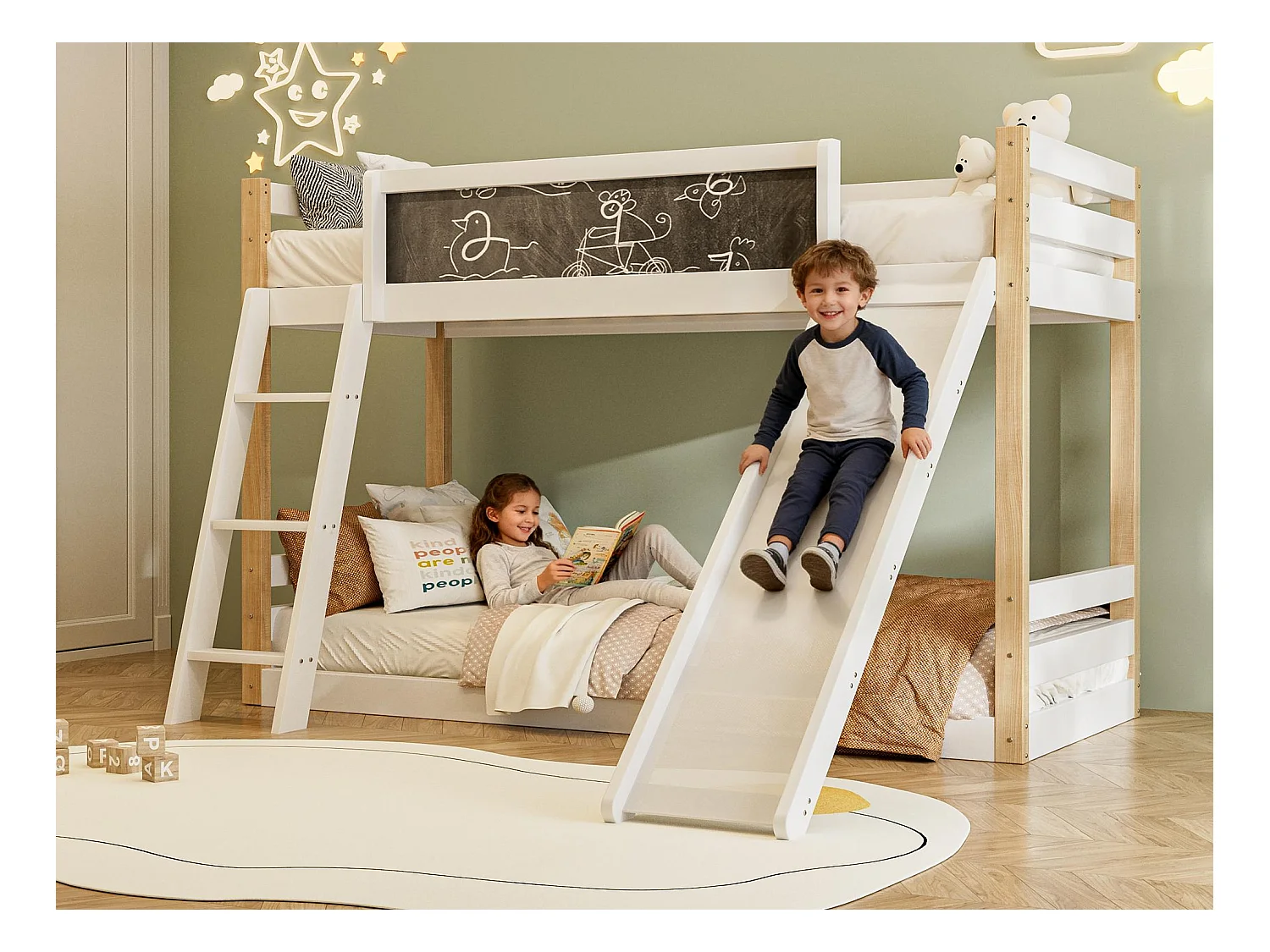 Lit superposé 90x200 / 90x190 cm avec échelle et toboggan convertibles - tableau noir à dessiner - blanc - idéal pour chambre d'enfant ou petit appartement