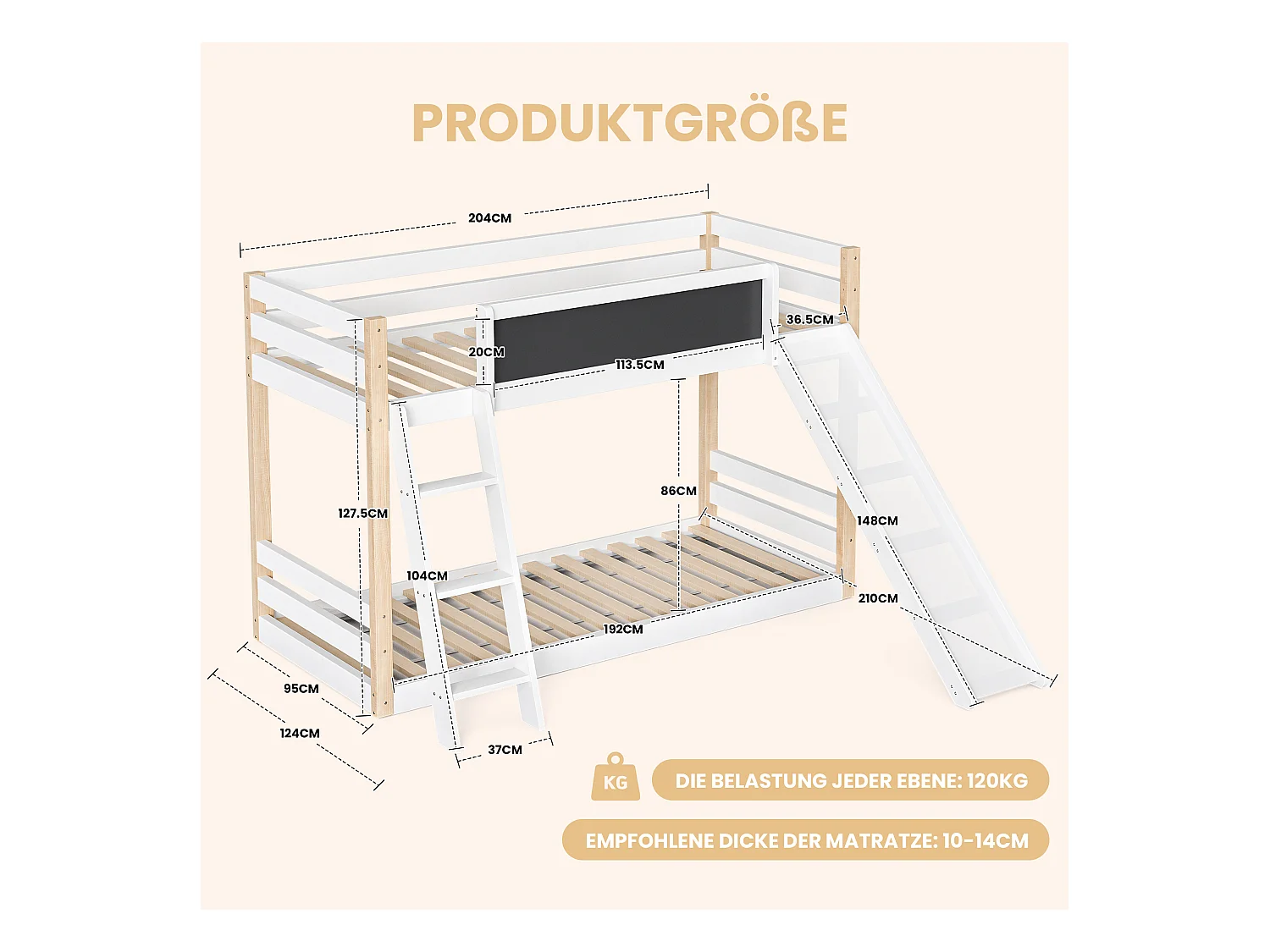 Lit superposé 90x200 / 90x190 cm avec échelle et toboggan convertibles - tableau noir à dessiner - blanc - idéal pour chambre d'enfant ou petit appartement