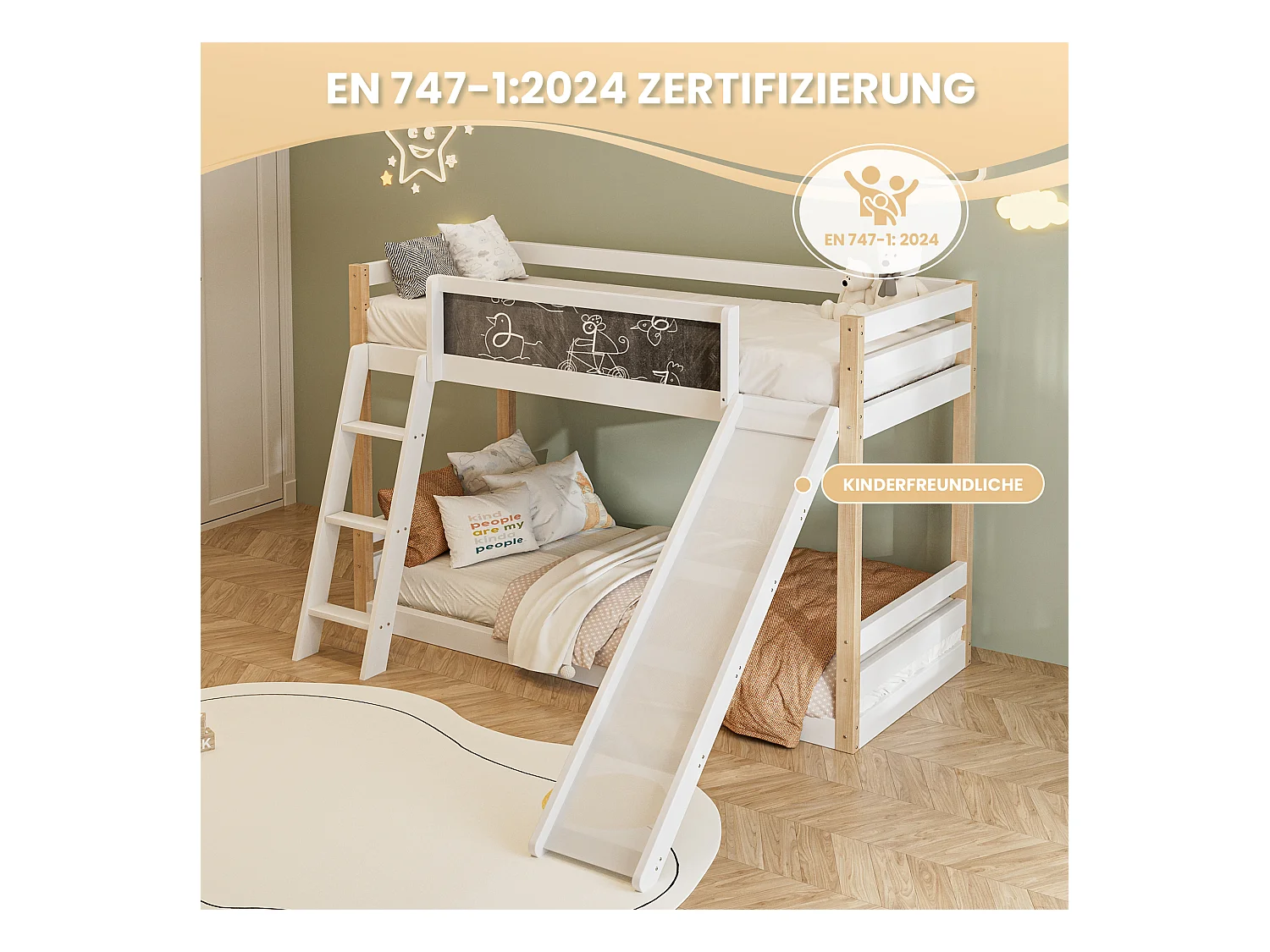 Lit superposé 90x200 / 90x190 cm avec échelle et toboggan convertibles - tableau noir à dessiner - blanc - idéal pour chambre d'enfant ou petit appartement