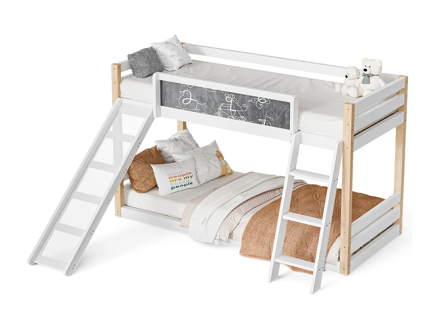 Lit superposé 90x200 / 90x190 cm avec échelle et toboggan convertibles - tableau noir à dessiner - blanc - idéal pour chambre d'enfant ou petit appartement