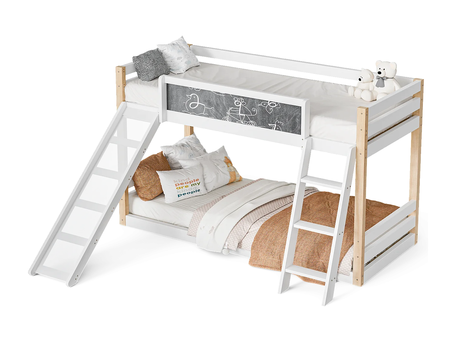 Lit superposé 90x200 / 90x190 cm avec échelle et toboggan convertibles - tableau noir à dessiner - blanc - idéal pour chambre d'enfant ou petit appartement