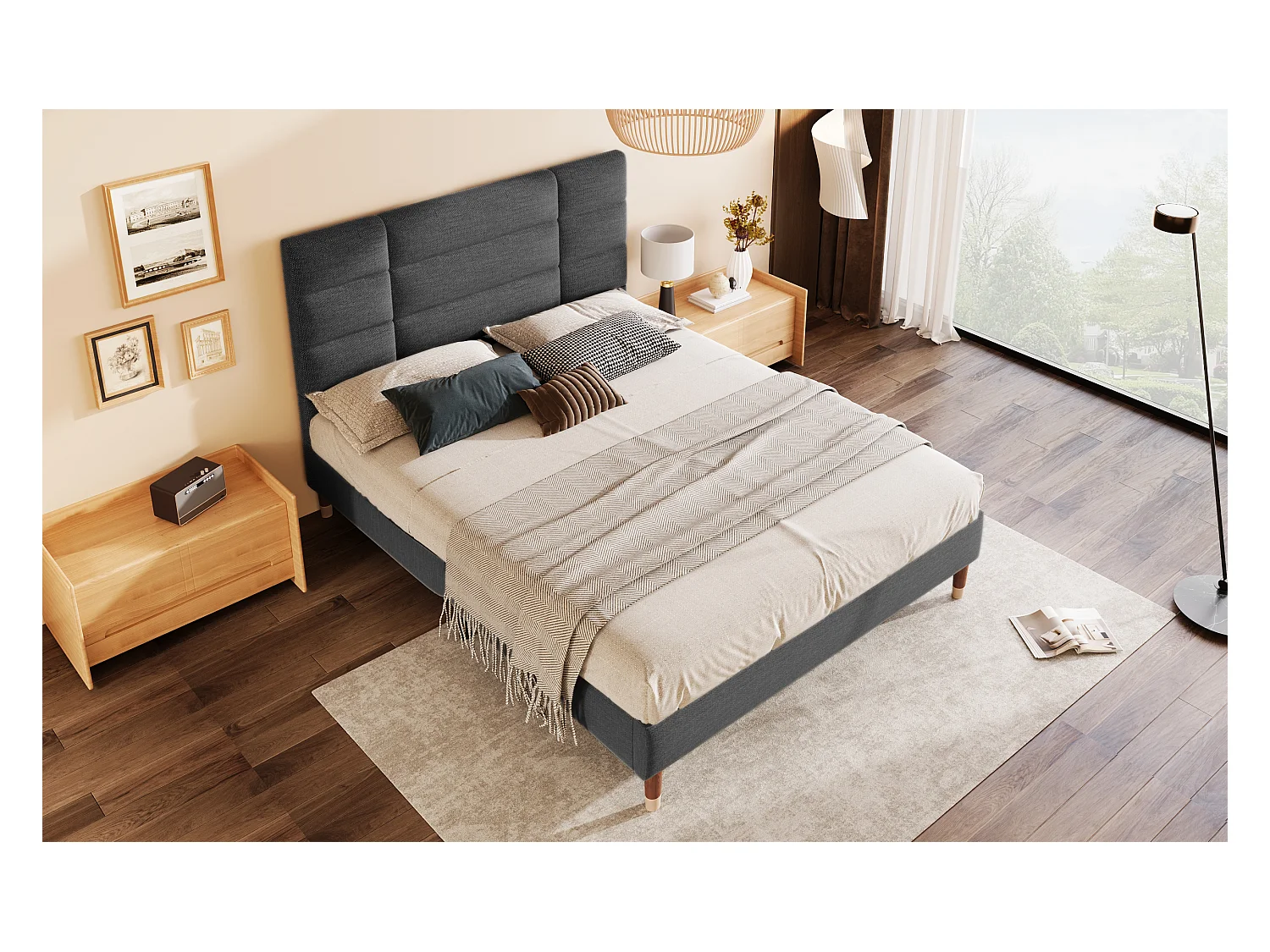 Lit double en lin gris 140x200 cm avec tête de lit, cadre rembourré et lattes, design classique et pratique