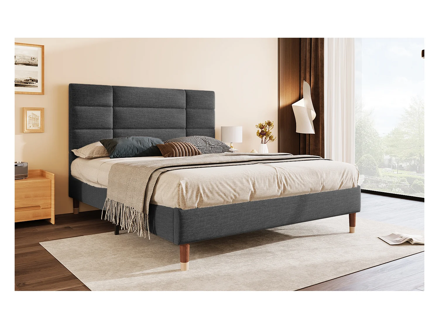 Lit double en lin gris 140x200 cm avec tête de lit, cadre rembourré et lattes, design classique et pratique