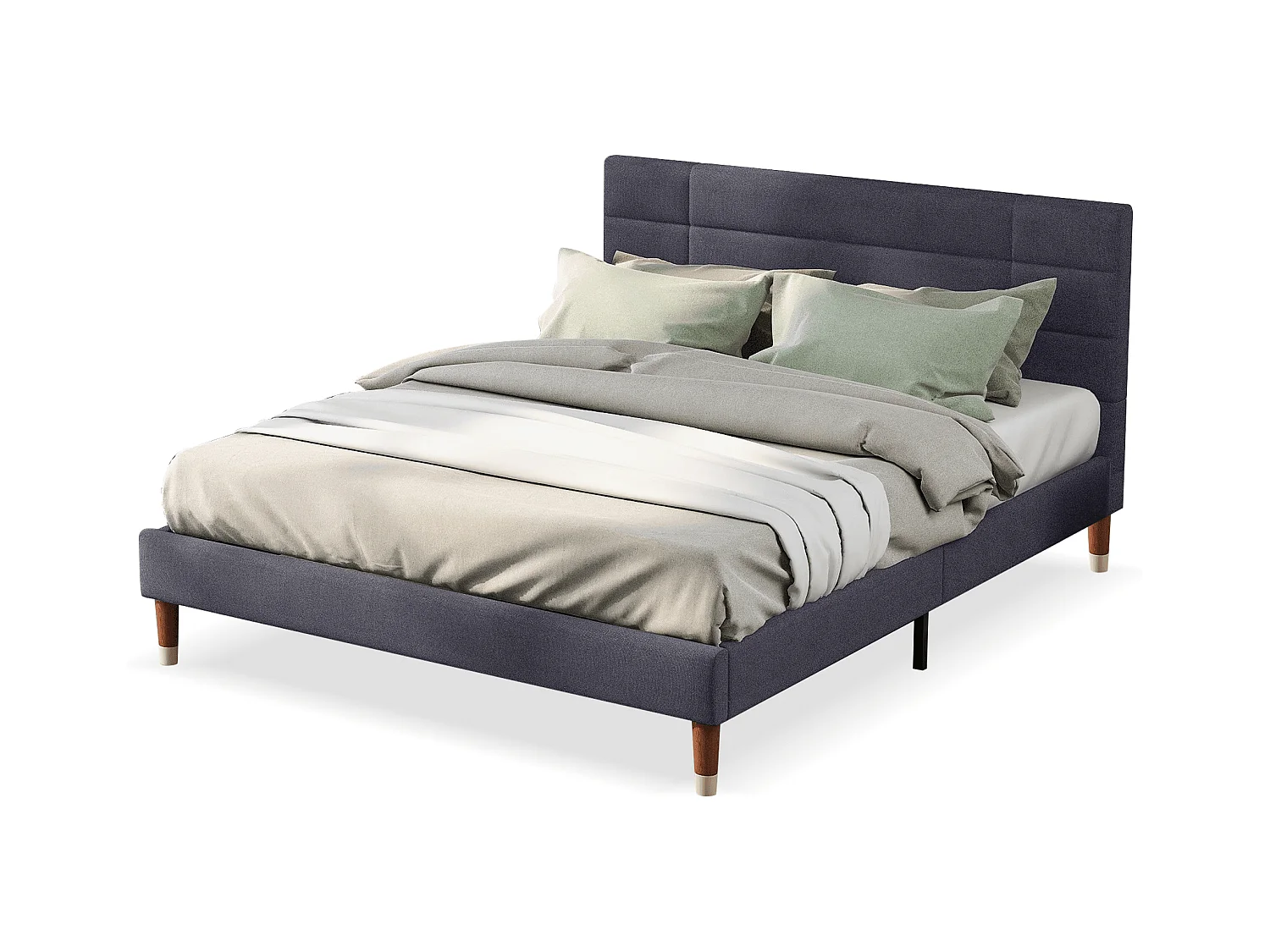 Lit double en lin gris 140x200 cm avec tête de lit, cadre rembourré et lattes, design classique et pratique