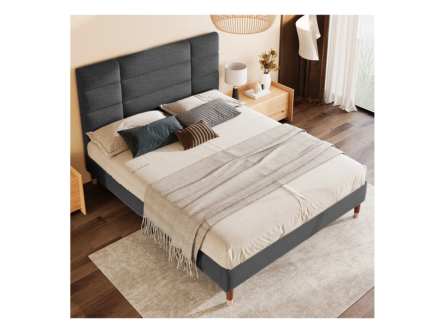 Lit double en lin gris 140x200 cm avec tête de lit, cadre rembourré et lattes, design classique et pratique