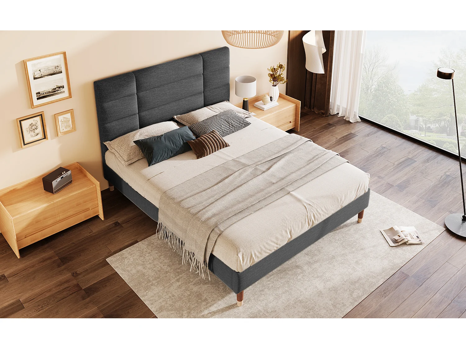 Lit double en lin gris 140x200 cm avec tête de lit, cadre rembourré et lattes, design classique et pratique