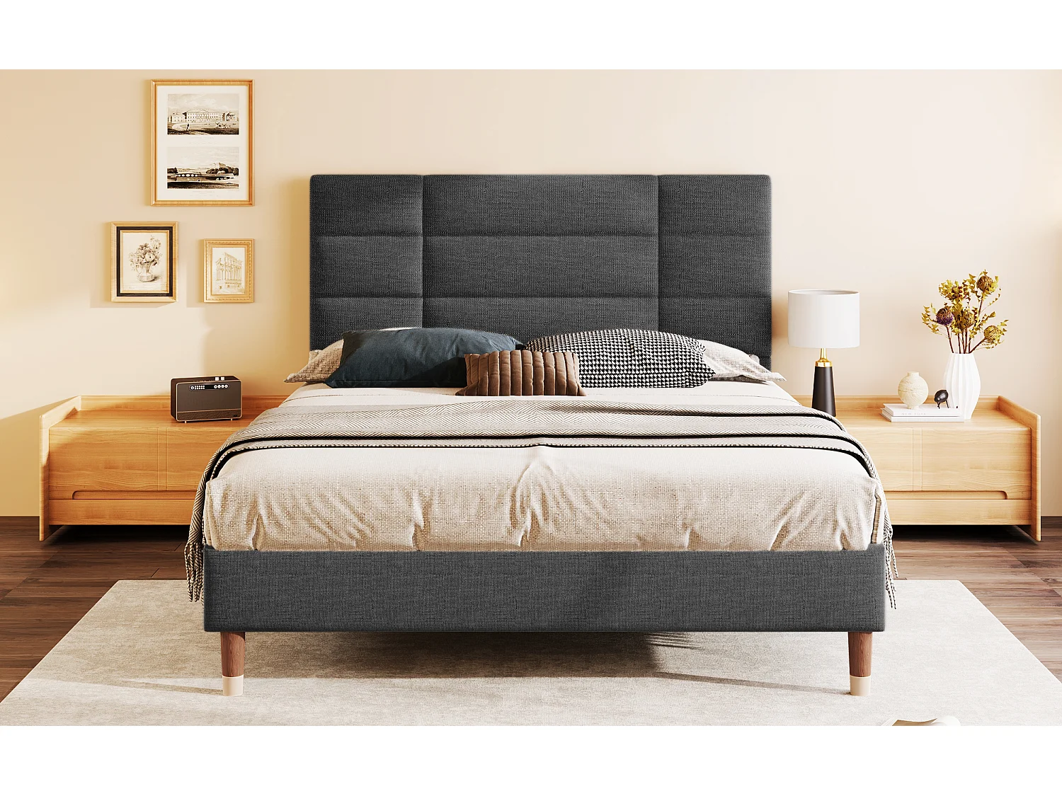 Lit double en lin gris 140x200 cm avec tête de lit, cadre rembourré et lattes, design classique et pratique