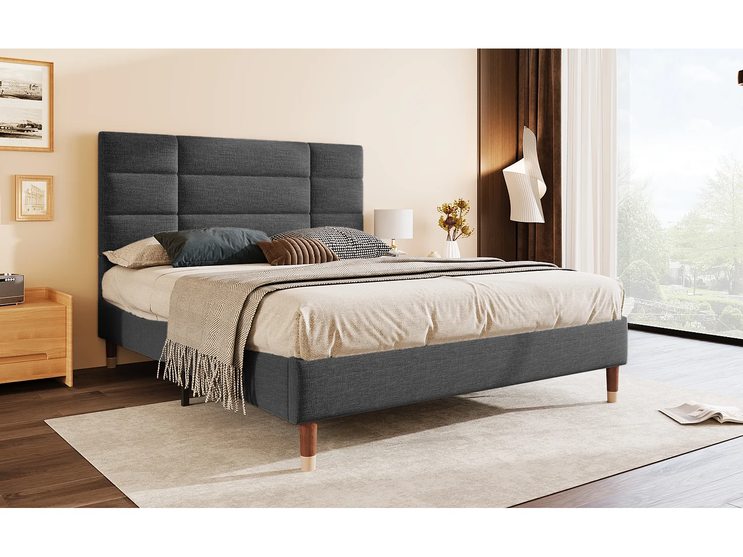 Lit double en lin gris 140x200 cm avec tête de lit, cadre rembourré et lattes, design classique et pratique