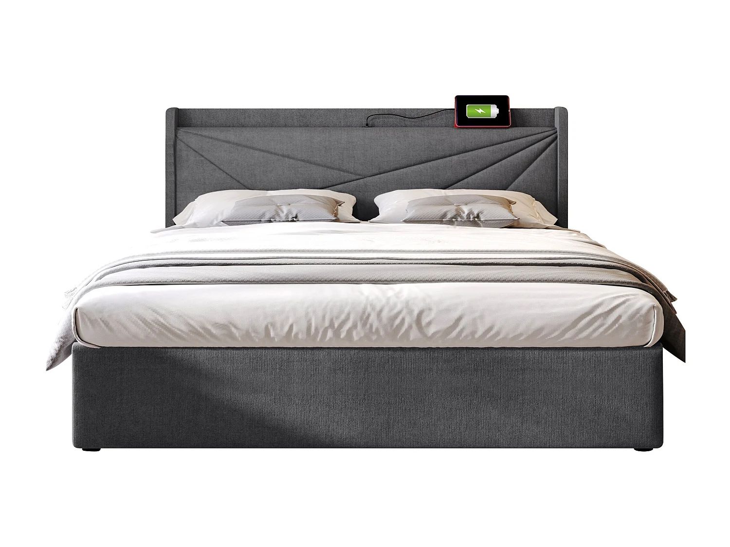 Lit double avec rangement et fonction de chargement USB Type-C, 180x200 cm, gris, tête de lit moderne