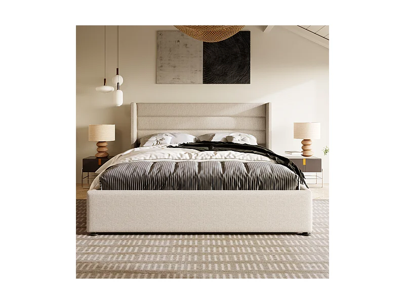 Lit coffre hydraulique 140x200 cm, beige, avec tête de lit rembourrée et rangement spacieux