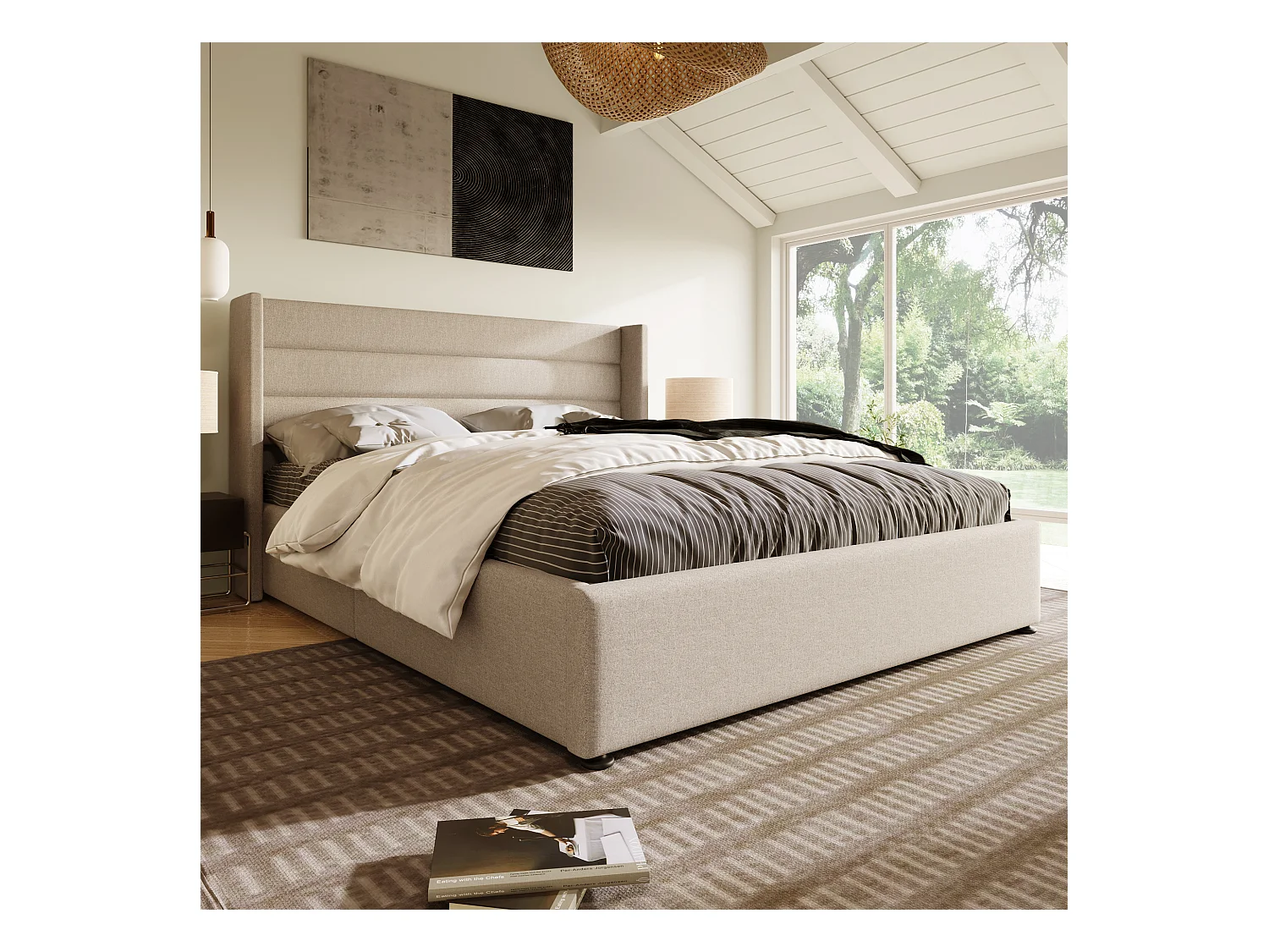 Lit coffre hydraulique 140x200 cm, beige, avec tête de lit rembourrée et rangement spacieux