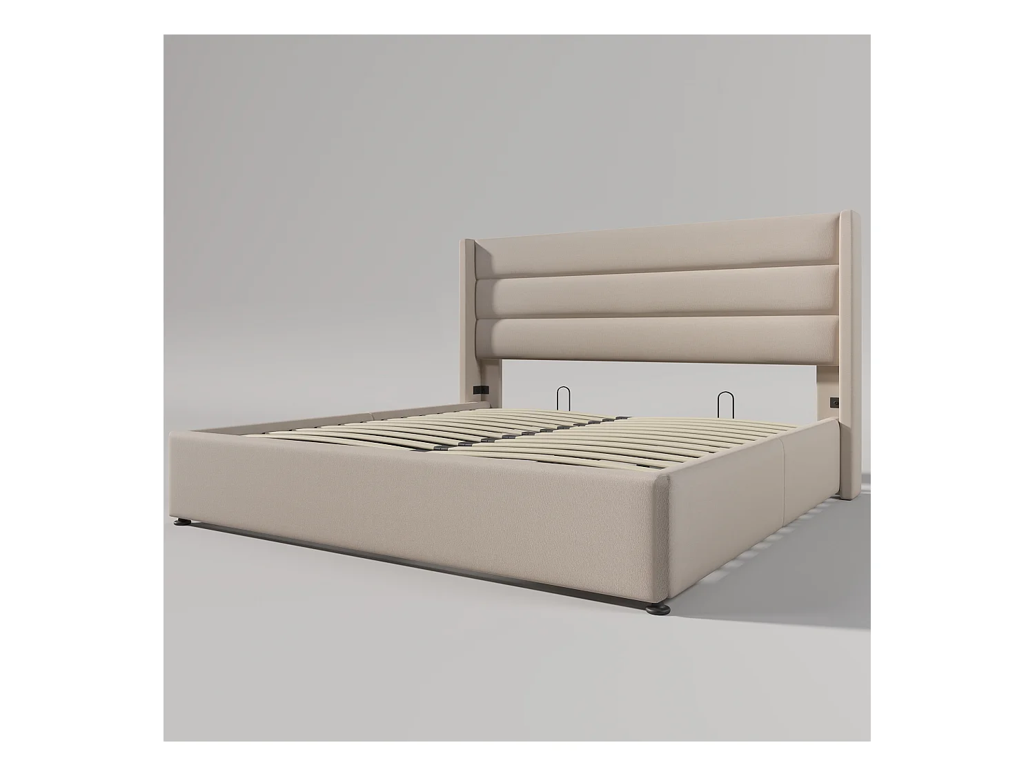 Lit coffre hydraulique 140x200 cm, beige, avec tête de lit rembourrée et rangement spacieux