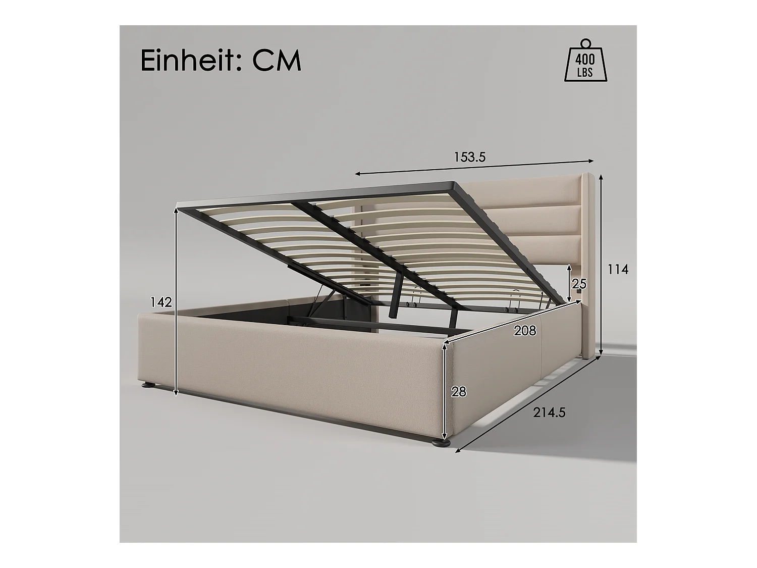 Lit coffre hydraulique 140x200 cm, beige, avec tête de lit rembourrée et rangement spacieux