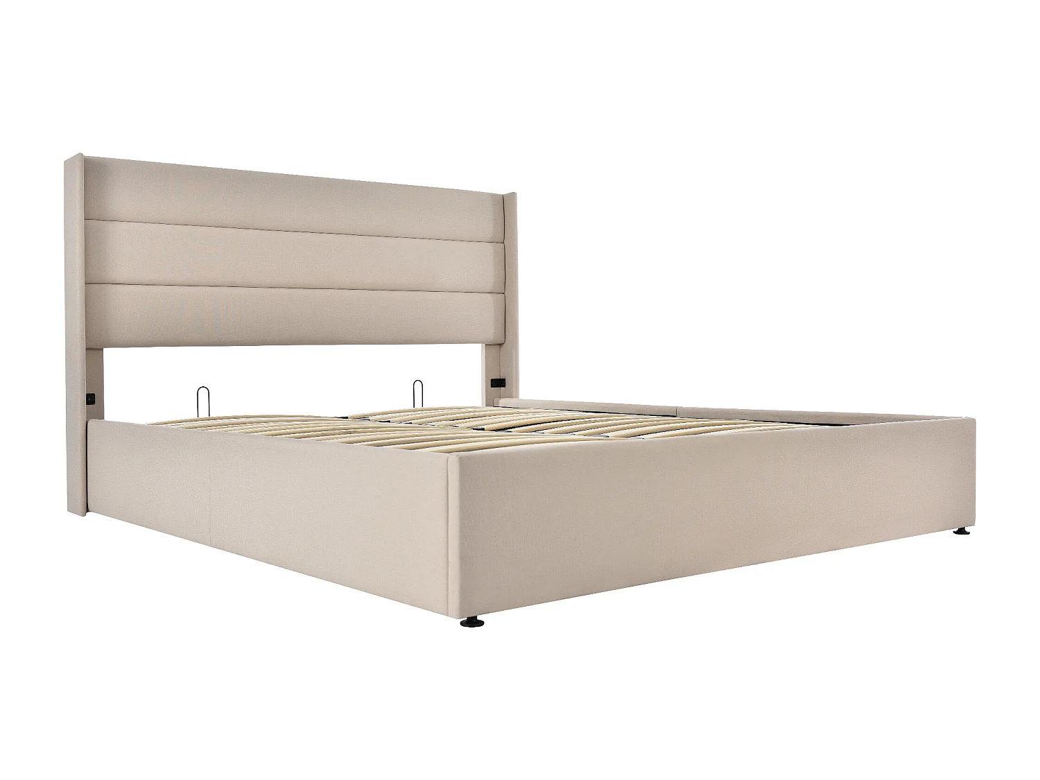 Lit coffre hydraulique 140x200 cm, beige, avec tête de lit rembourrée et rangement spacieux