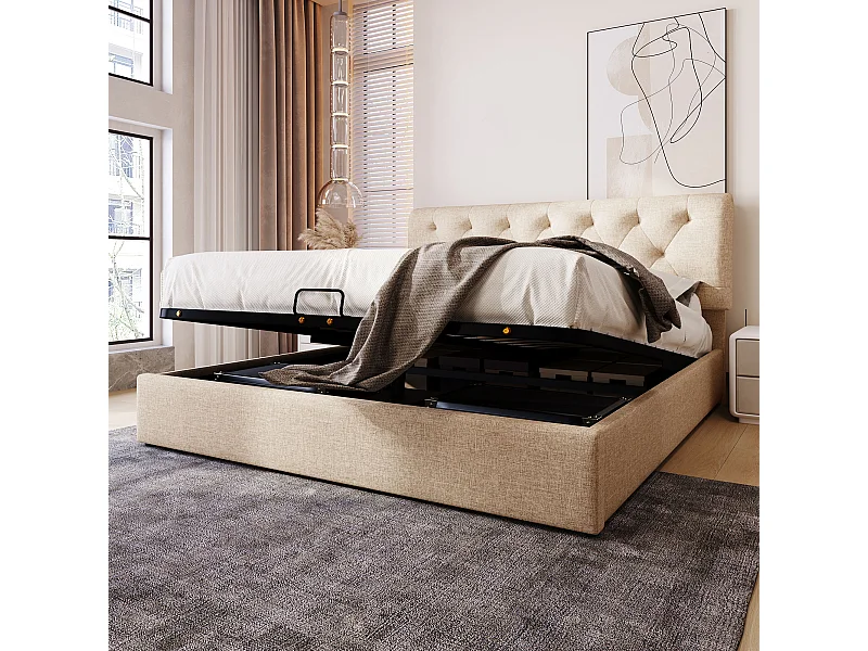 Lit hydraulique 140x200 cm avec tête de lit réglable, cadre en métal et rangement intégré