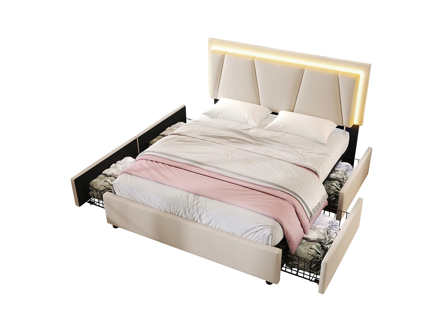 Lit double 140x200 cm en beige avec éclairage LED et 4 tiroirs, tête de lit réglable en hauteur