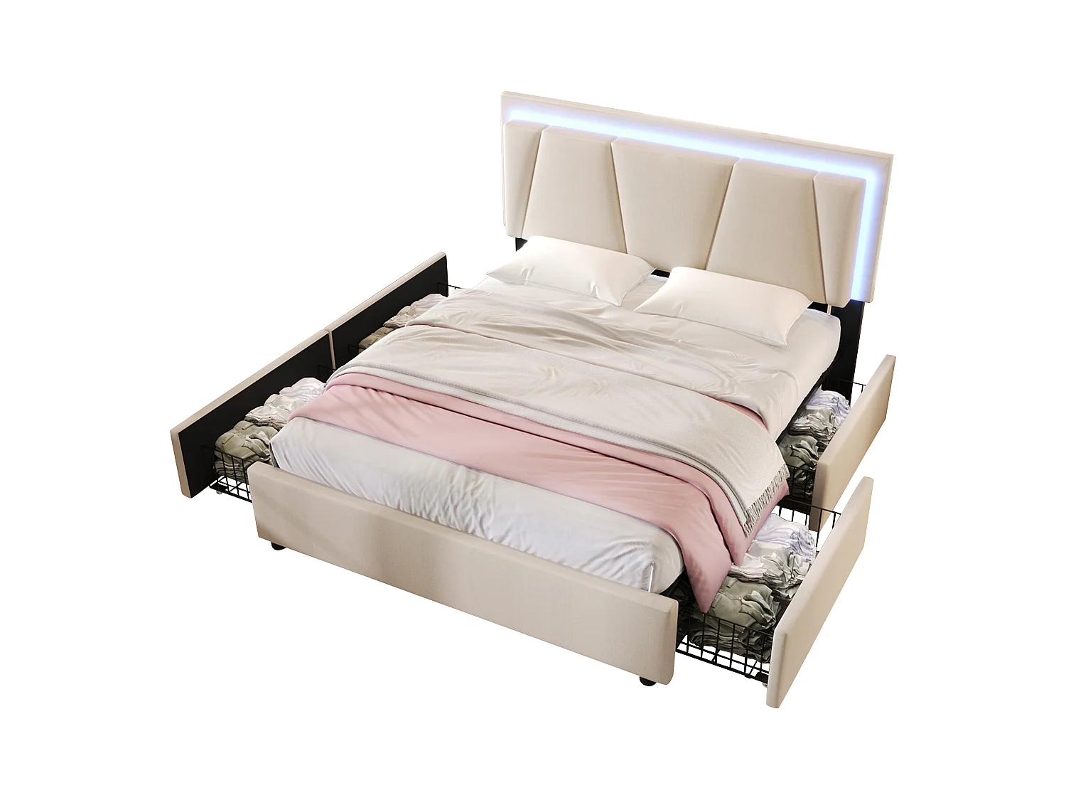 Lit double 140x200 cm en beige avec éclairage LED et 4 tiroirs, tête de lit réglable en hauteur