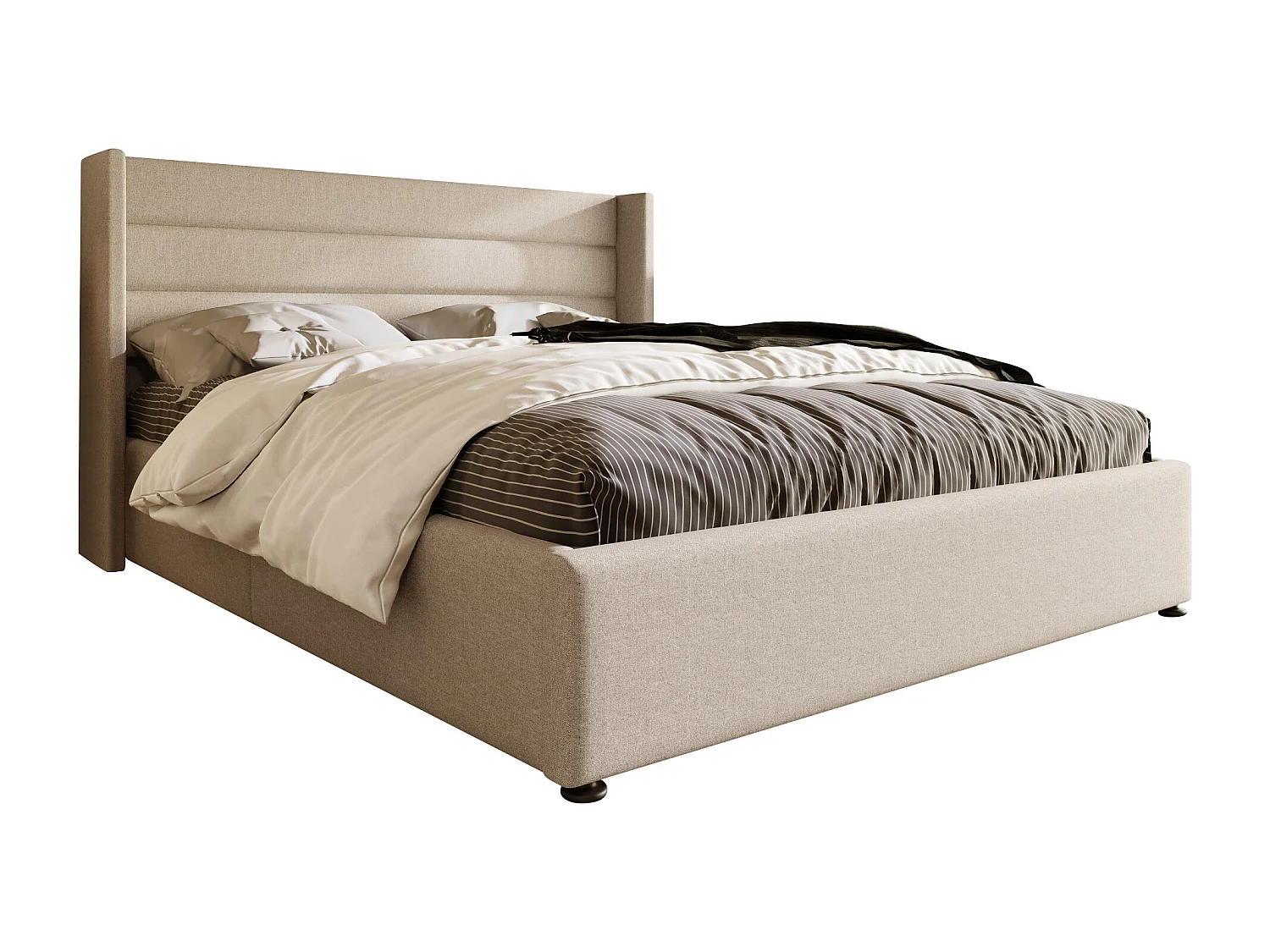 Lit coffre hydraulique 180x200 cm en lin beige avec tête de lit rembourrée et rangement intégré