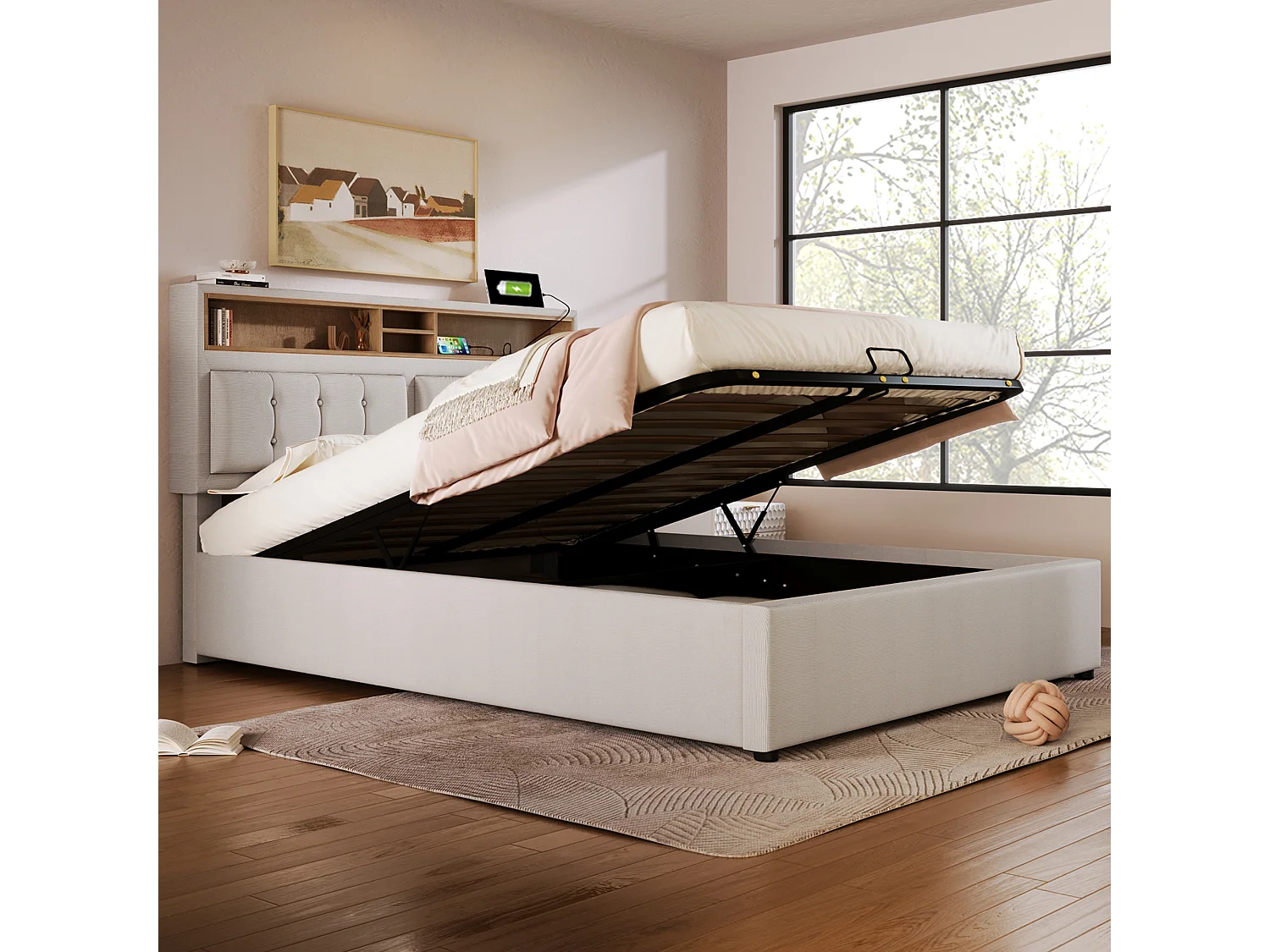 Lit double 160x200 cm en lin beige avec tête de lit réglable et prise USB intégrée