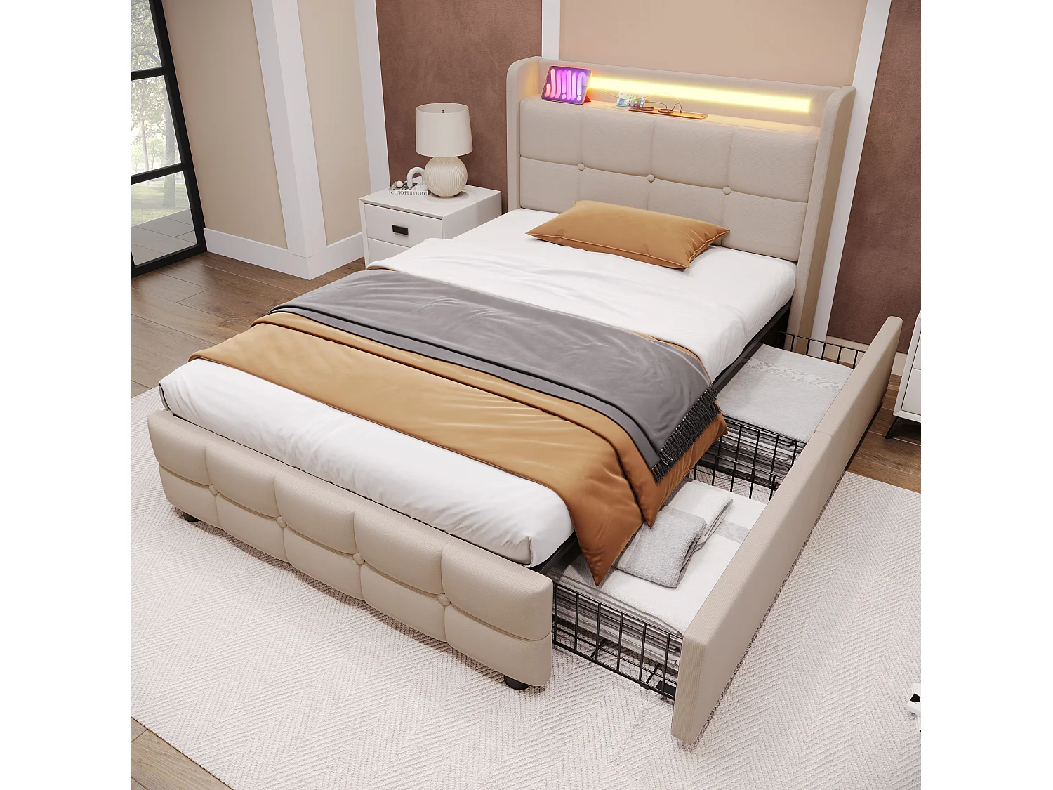 Lit simple 90x200 cm beige avec prises USB, éclairage LED et 2 tiroirs de rangement